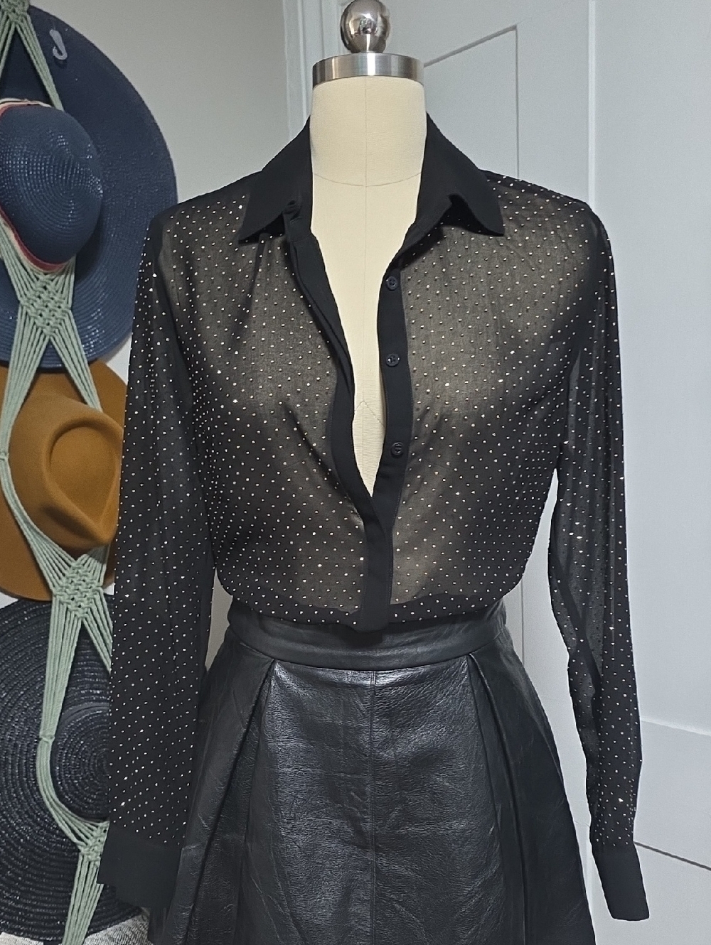 BEBE Gold Studded Sheer Black Button-Up Shirt sz S